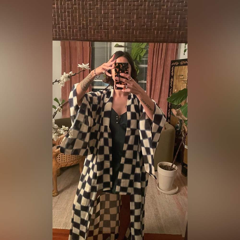 Antique sheer Sha Silk kimono psychedelic checkerboard transparent chess usomono - Picture 11 of 12